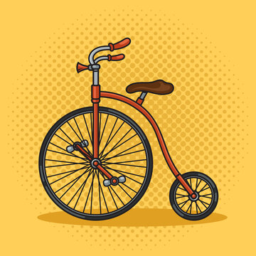 Penny farthing high wheel bicycle pinup pop art retro raster illustration. Comic book style imitation.