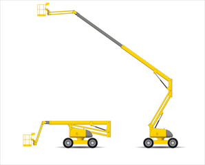 a set of self-propelled telescopic aerial platforms. Transport and working position.