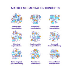 Market segmentation concept icons set. Divide in groups. Target audience idea thin line color illustrations. Isolated symbols. Editable stroke. Roboto-Medium, Myriad Pro-Bold fonts used
