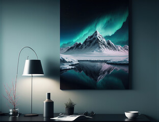 room interior with picture on the wall, landscape with mountains and clouds and aurora borealis, generative, ai