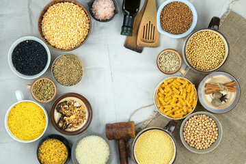 Various vegetarian organic products in bowls. Rural and farm view. Top view. Copy space.