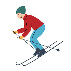 Character skiing icon, vector doodle illustration of skies in winter, activities on holidays, gliding on snow, winter sport, isolated colored clipart on white background