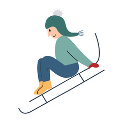 Obraz premium Child sledding down the hill, snow sled icon, vector doodle illustration of winter fun, holidays activities, Christmas and new year, isolated colored clipart on white background