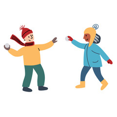Kids throwing snowballs, winter games icon, vector doodle illustration of children in warm clothes, having fun on winter holidays, playing with snow, isolated colored clipart on white background
