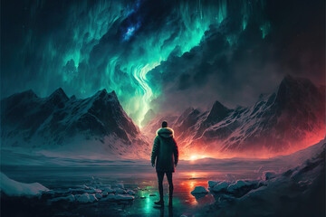 silhouette of a person in the mountains watching the beautiful aurora borealis in the sky, generative ai - obrazy, fototapety, plakaty