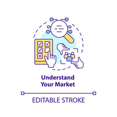 Understand your market concept icon. Conduct research. Get started with segmentation abstract idea thin line illustration. Isolated outline drawing. Editable stroke. Arial, Myriad Pro-Bold fonts used