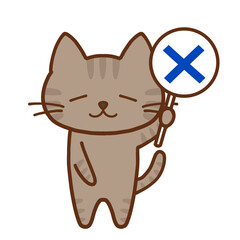 バツを掲げてションボリするキジトラ猫