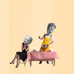Contemporary art collage. Family morning. Man and woman with antique statue heads sitting on kitchen. Doing makeup and breakfast