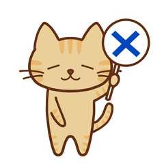 バツを掲げてションボリする茶トラ猫