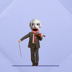 Contemporary art collage. Man with antique statue ust playing violin over blue background. Classical music performance