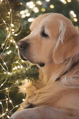 golden retriever at christmas at home with a Christmas tree