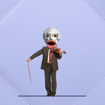 Contemporary art collage. Man with antique statue ust playing violin over blue background. Classical music performance