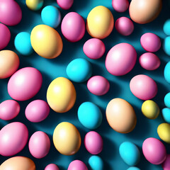 Fototapeta na wymiar colorful easter eggs on a blue background, easter decoration, easter egg hunt