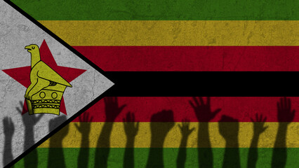 Protesters hands shadow on Zimbabwe flag, political news banner, against the decision concept