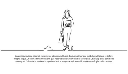 Continuous line design of woman walking holding bag and laptop. Career woman design concept. Decorative elements drawn on a white background.