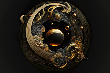 background with abstract black and golden ornament shapes, generative ai