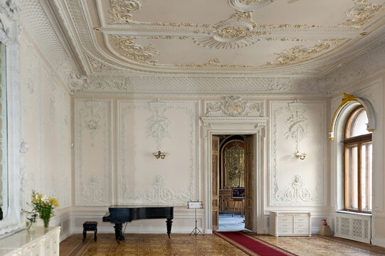 Interior of the Baroque White Hall of the Chocolate House in Kyiv, Ukraine