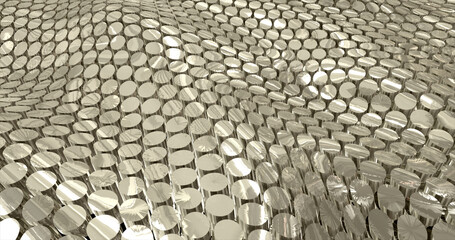 abstract grid of waves of circles of cylinders of metallic golden yellow coins with reflections on iron. Abstract background