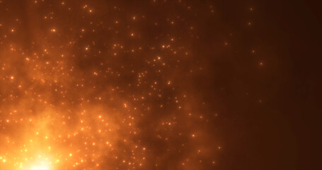 Abstract orange fiery flame bonfire of particles and sparks glowing beautiful magical on a dark background. Abstract background