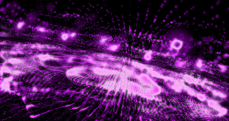 Abstract background with purple moving flying stripes, lines, waves of digital hi-tech smoke particles with blur effect and bokeh