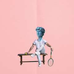 Contemporary art collage. Man with antique statue head in stylish white suit sitting with tennis...