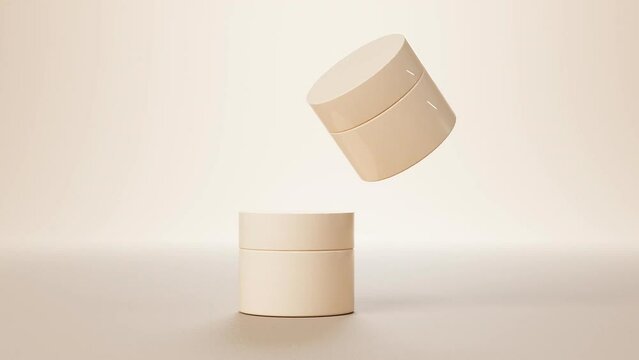 Two floating cosmetic jars and liquid cream flowing from above 3D render on beige background