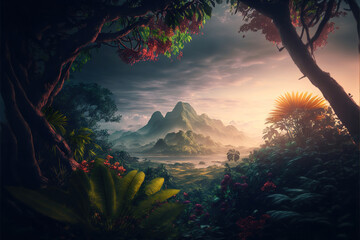 fantasy tropical mountain colorful sunset landscape background, generative ai