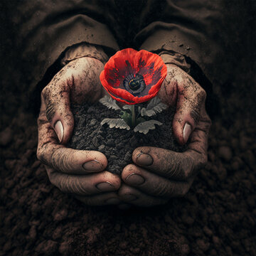 On Remembrance Day, the dirt-stained hands of a fallen soldier hold a single, vibrant red poppy flower growing in the soil. This symbol represents the memory of veterans who fought in war