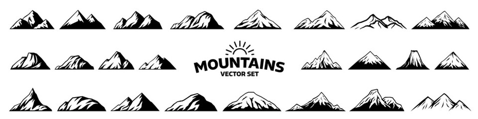 Mountains set. Set of rocky mountains silhouette. - 556457345