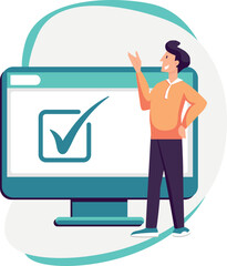 Drawing of a man near the monitor with a checkmark