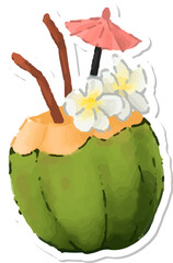 Hand drawn watercolor coconut cocktail for summer element decoration.