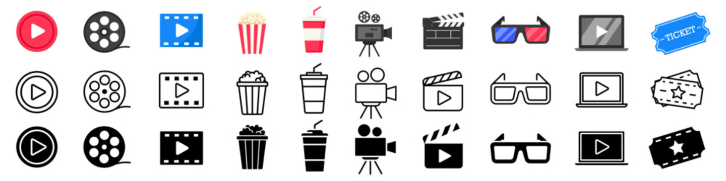Cinema icons. Cinema set. Linear, silhouette, flat icons.