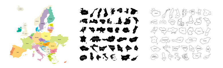 Obraz premium Map of Europe. Set from selected countries. Silhouette and line style.