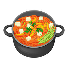 Food illustration, kimchi with vegetables, cucumber, sweet peppers, tofu slices and greens. Korean food, healthy eating, cooking, menu. Vector illustration