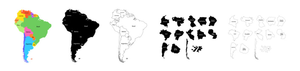 South America map. Set from selected countries. Silhouette, color and line style.