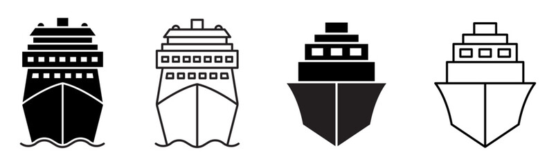 Set of ship icons. Ferry boat symbol, boat, ship front view. Cargo ship, cruise ship, marine sailboat transport, transport signs. Vector. - obrazy, fototapety, plakaty