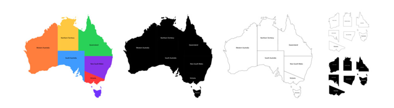 Australia Map. Set From Selected States. Silhouette, Color And Line Style.