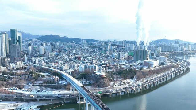 [korea drone footage] Korea, Seoul, City, Dangsan Bridge, Snow, winter