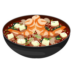  Miso soup with shrimp, seaweed, tofu, shiitake mushrooms, sesame and green onions