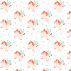 Cute seamless pattern with a magical unicorn character. Children's cartoon character with red mane, children's pattern