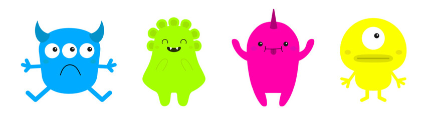 Happy Halloween. Monster line set. Colorful animal. Cute Funny Kawaii cartoon baby character. Eyes, horns, fangs, hands. Sad smiling face. Boo. Sticker print. Flat design. White background.