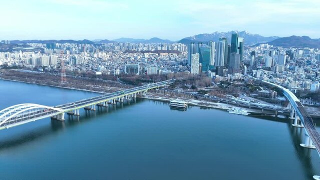 [korea drone footage] Korea, Seoul, City, Dangsan Bridge, Snow, winter
