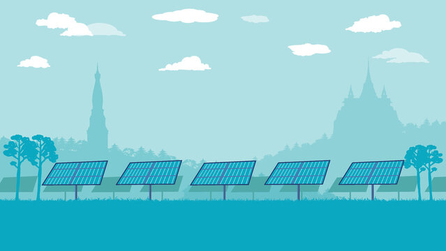 flat cartoon side view of solar farm panels on land