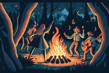 illustration about festival scene, people dancing with campfire ai generated