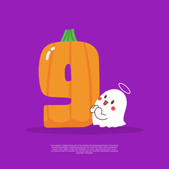 Pumpkin plus number 9 with cute ghost emoji sticker beside it vector illustration. Flat Cartoon Style Suitable for sticker, logo and etc
