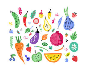 Fruits and vegetables set.  Cartoon colorful style. Vector background