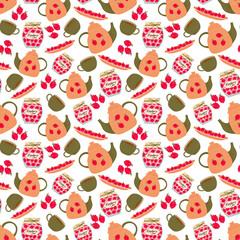 Obraz premium Seamless tea pattern, Herbal tea background, Teapots, tea accessories, Cute cartoon pattern with funny teapots, Kitchen textile prints, Wrapping paper, scrapbooking, backgrounds, wallpaper, Tea time