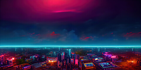 synthwave style retro 80's color panoramic city skyline background, made with generative a