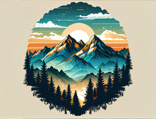 snowy mountains with pine forest and sunset, good reference for t-shirt design, made with generative ai  
