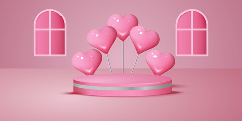 Happy valentines day banner with podium platform to show product for festival love on pink heart balloon background. Vector EPS10